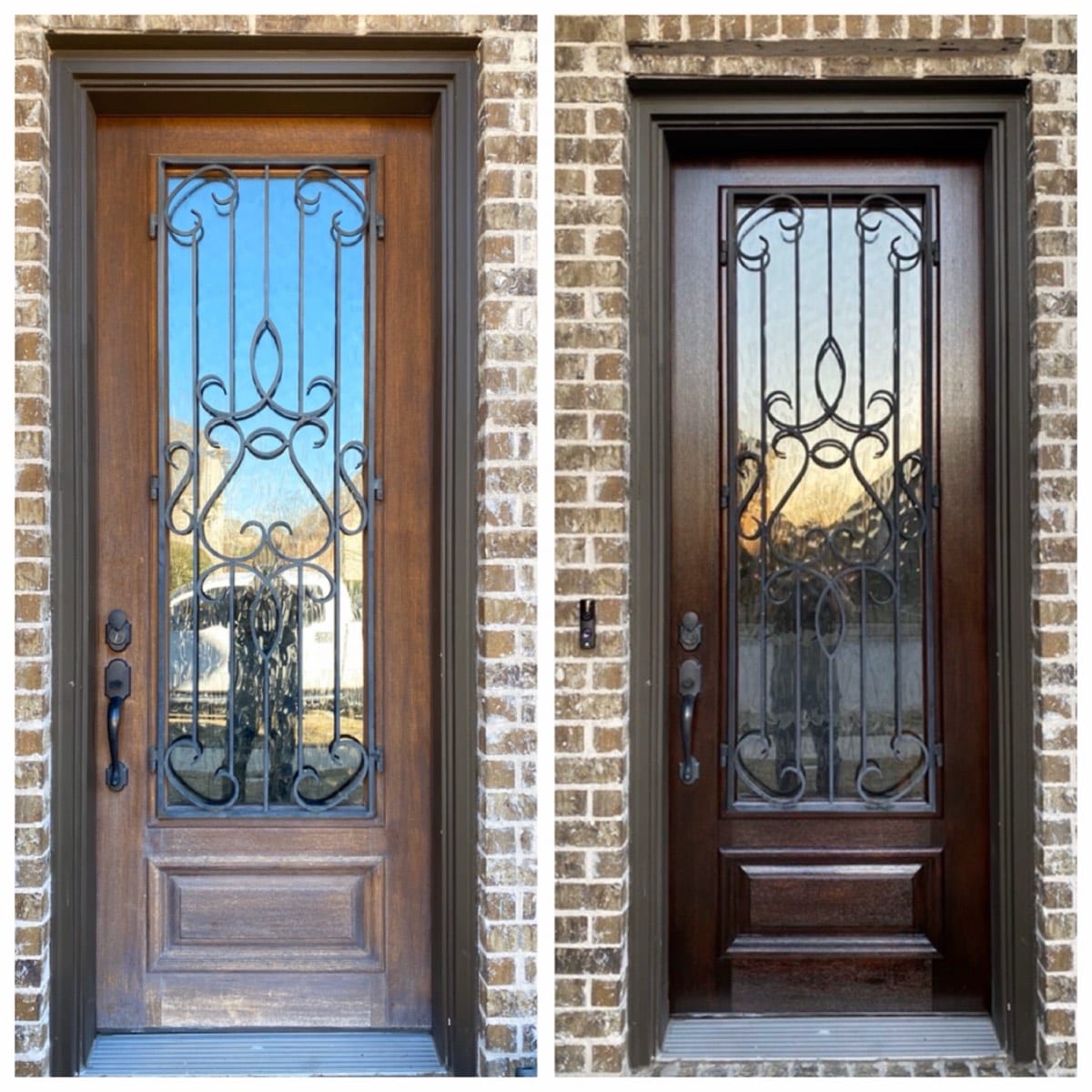 Wrought iron and glass front door before and after refinishing — faded finish restored to a deep rich brown