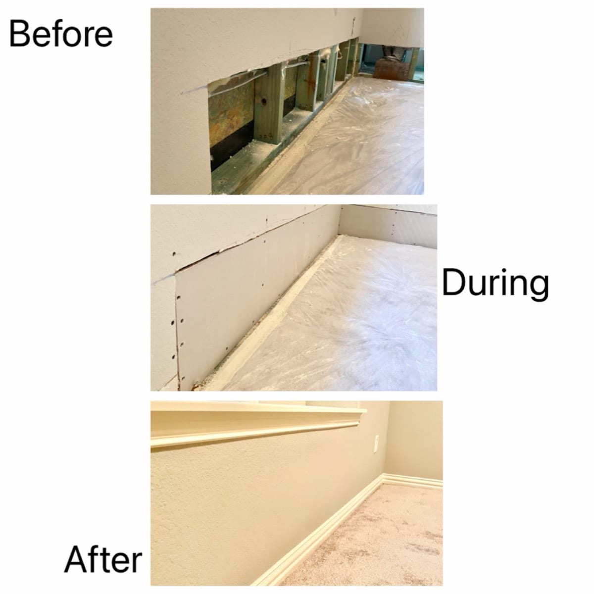 Drywall wall repair — before, during, and after — Patch Plus Paint