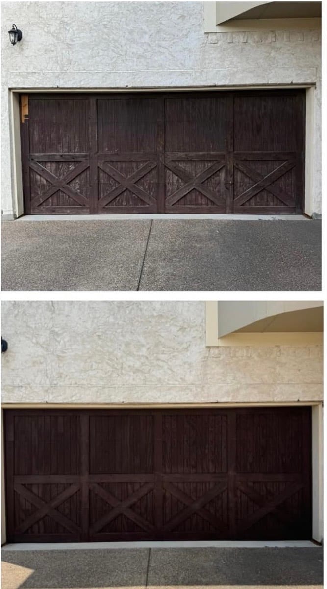 Wooden carriage-style garage door refinished by Patch Plus Paint