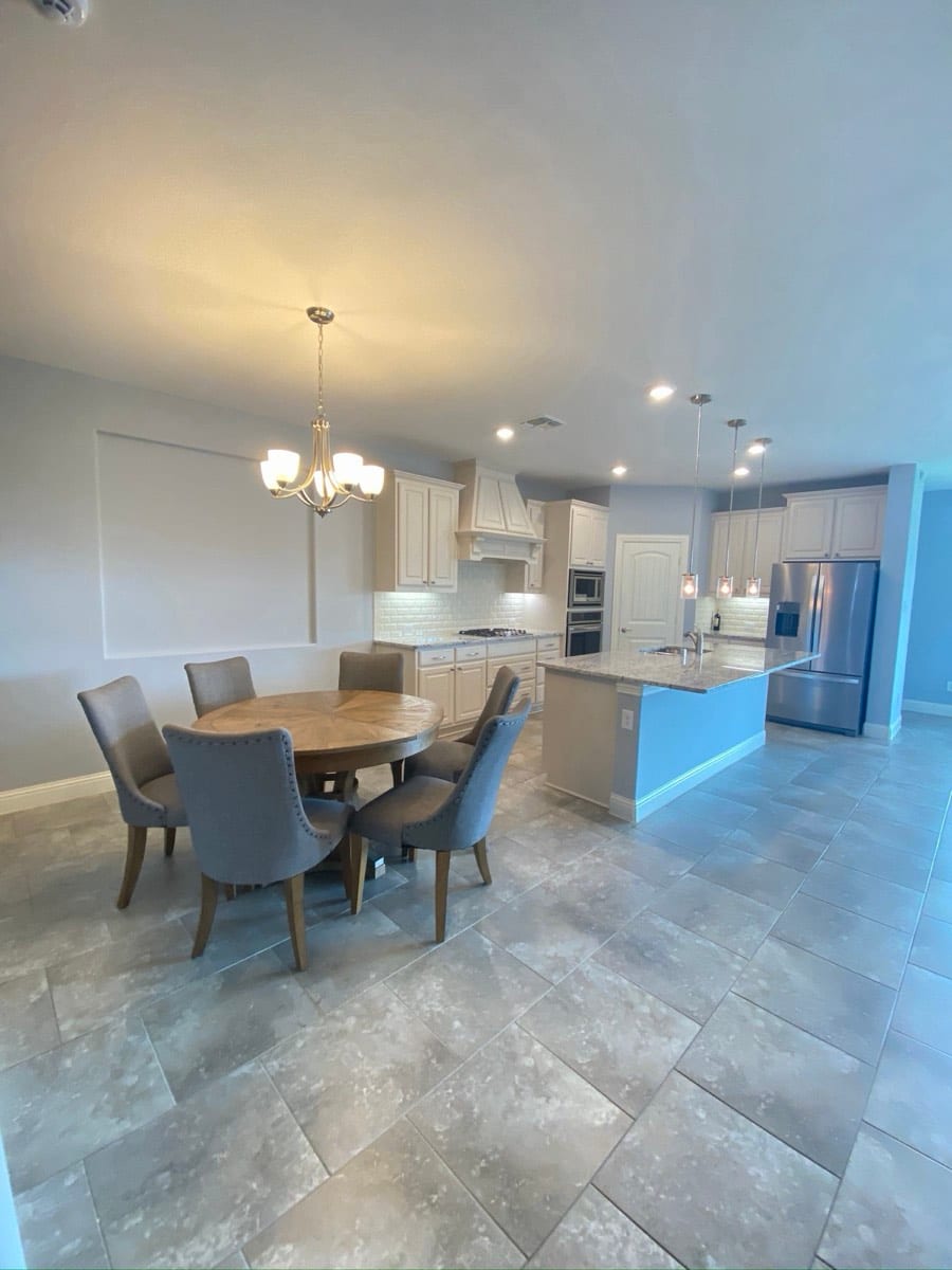 Open-plan kitchen and dining room after interior painting